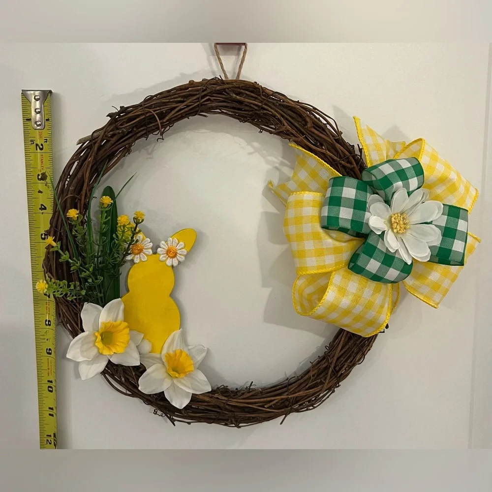 Hand Crafted Spring/Easter Wreath with Yellow and Green Flowers & Bow